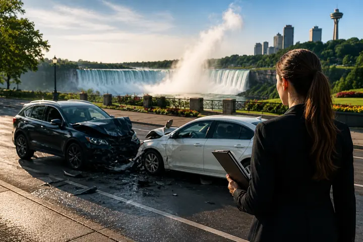 Lawyer holding a folder looking at two damaged cars on a road beside the falls