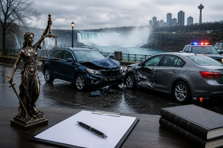 Justice statue and a clipboard in front of two damaged cars and a police car near the falls