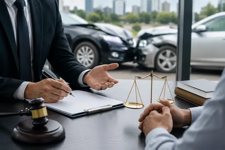 Lawyer writing notes across a desk from a client, damaged cars outside the office window