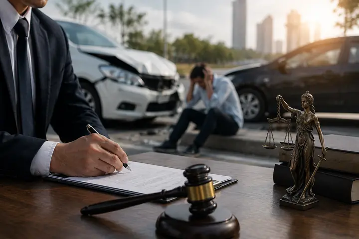 Lawyer writing at a desk while a driver sits with his head in his hands beside damaged cars