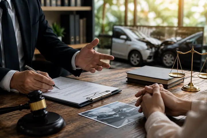 Lawyer reviewing a form and a photo of a damaged car with a client at a desk