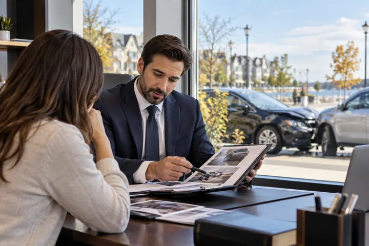 Lawyer showing photos in a binder to a woman, damaged cars on a lakeside street outside