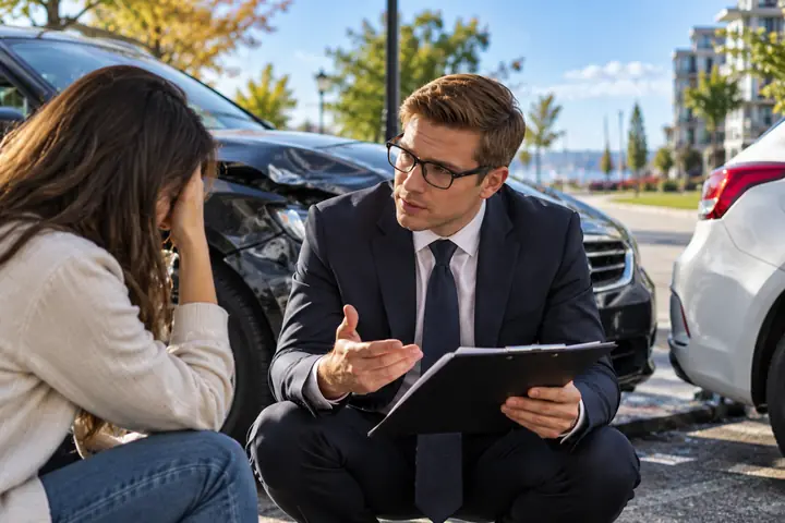 Lawyer in glasses kneeling with a clipboard beside an upset woman next to damaged cars