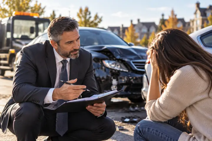 Lawyer taking notes beside a distressed woman at the scene, a tow truck behind