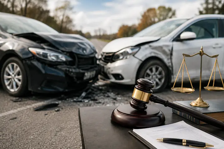 Gavel, scales and a pen on a desk in front of two cars damaged in a collision