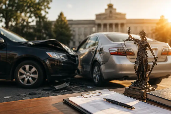 Justice statue and a clipboard in front of two damaged cars outside a courthouse