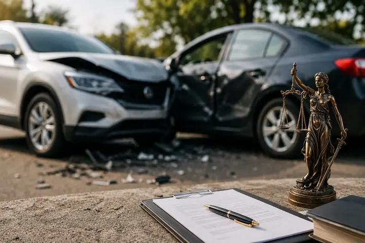 Justice statue and a clipboard on a ledge beside two cars damaged in a crash
