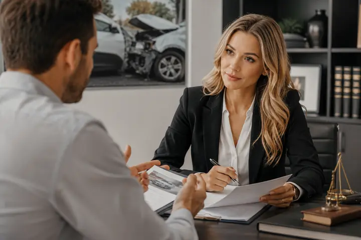 Lawyer listening to a client at a desk, a photo of a damaged car on the wall
