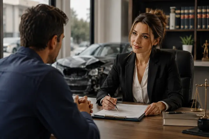 Lawyer taking notes during a consultation, a crashed car visible outside the window