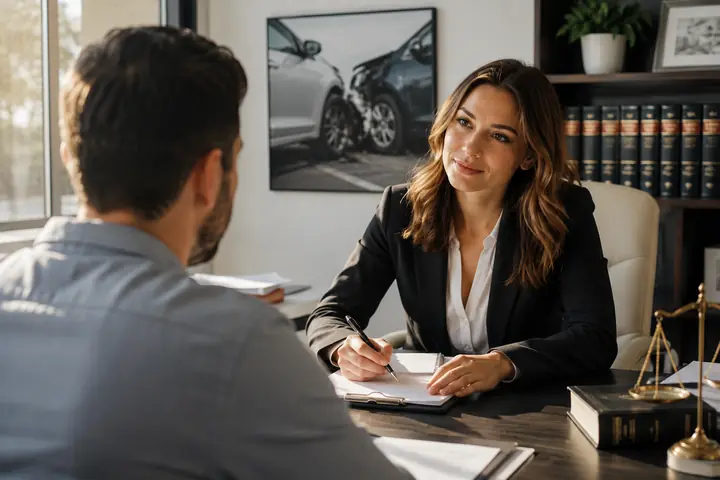 Lawyer writing notes as a client talks, a framed photo of a car crash behind her