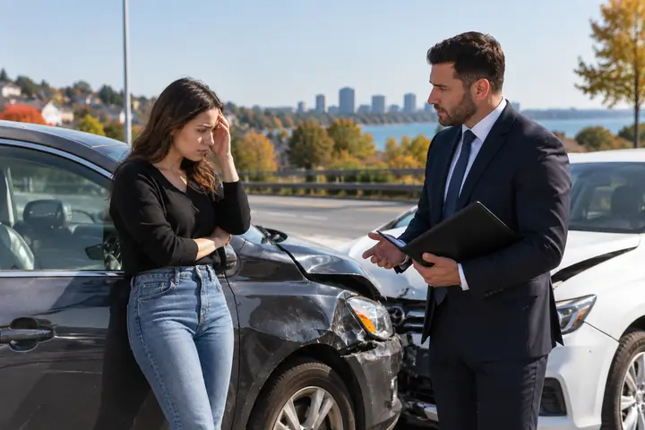Lawyer with a folder talking to an upset woman leaning on her damaged car