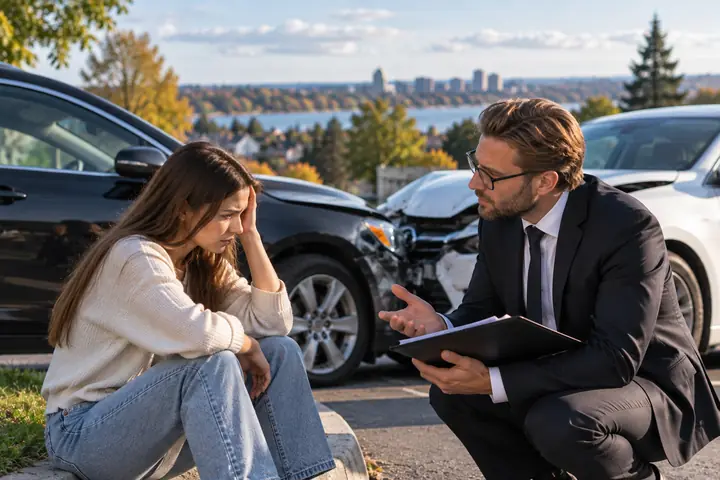 Lawyer in glasses crouching beside a distressed woman sitting by damaged cars, a lake view behind