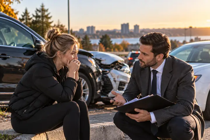 Lawyer kneeling with a clipboard beside a woman at the scene of a collision at sunset