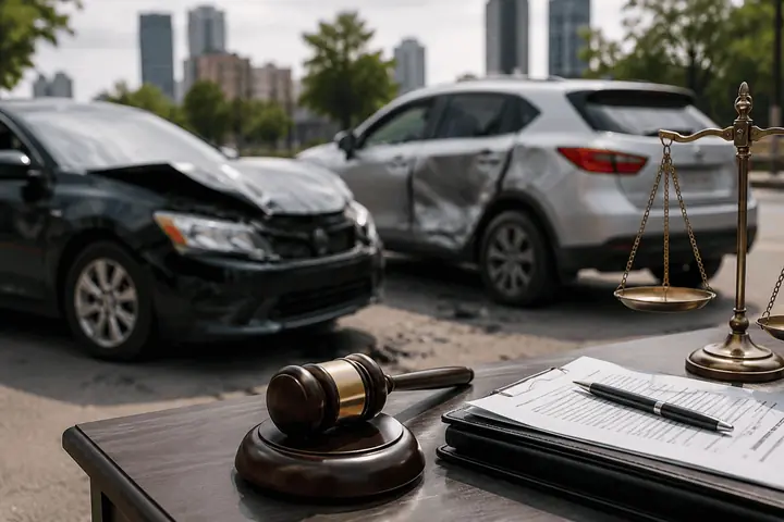 Gavel, scales and papers on a table beside two cars damaged in a collision, towers behind