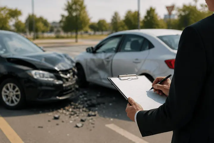 Person in a suit filling in a form on a clipboard next to two cars damaged in a parking lot