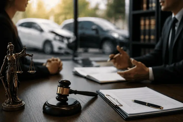 Lawyer and client talking across a desk with a gavel and a justice statue, damaged cars outside