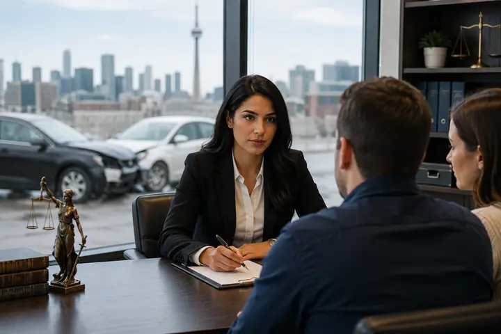 Lawyer taking notes with a couple in an office overlooking the Toronto skyline and the CN Tower