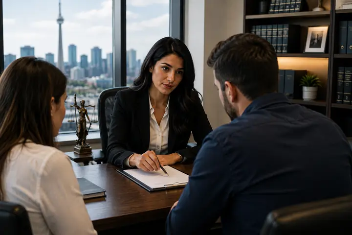 Lawyer listening to a couple across a desk, the CN Tower visible through the window