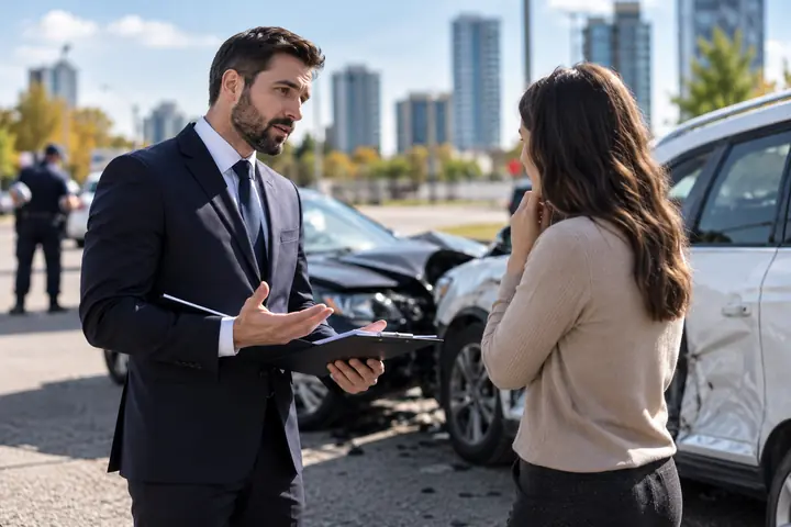 Lawyer explaining next steps to a worried woman beside damaged cars, police and towers behind