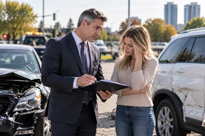 Lawyer showing a form on a clipboard to a woman beside a car with a crushed front end