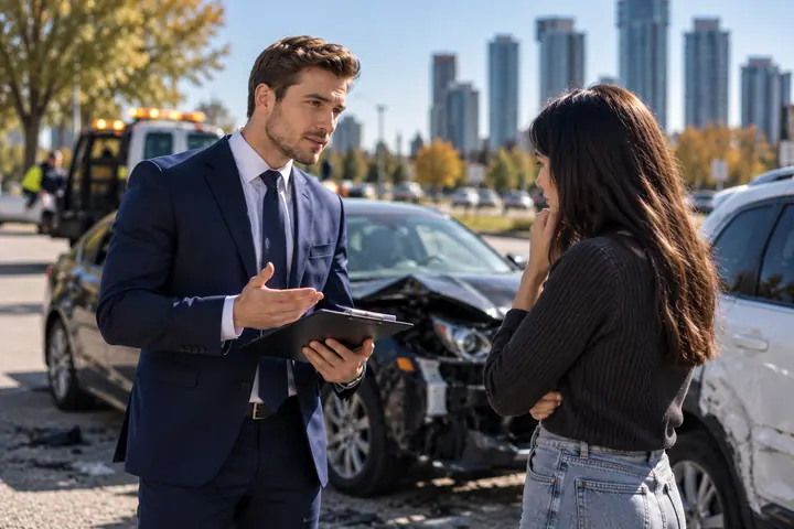 Lawyer talking with a woman next to a crashed car, a tow truck and condo towers behind