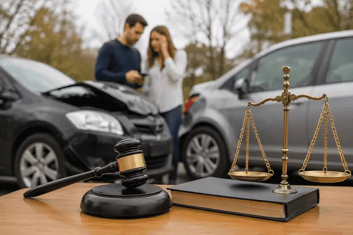 Gavel and scales on a desk in the foreground, two drivers on their phones beside damaged cars