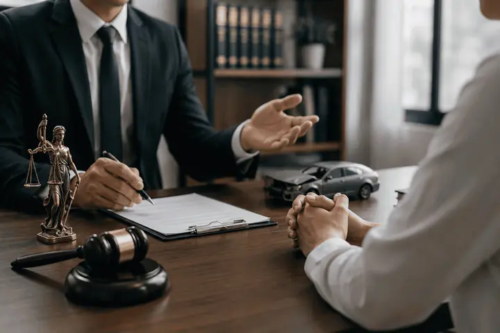 Lawyer writing notes across a desk from a client, a justice statue and two toy cars on the table