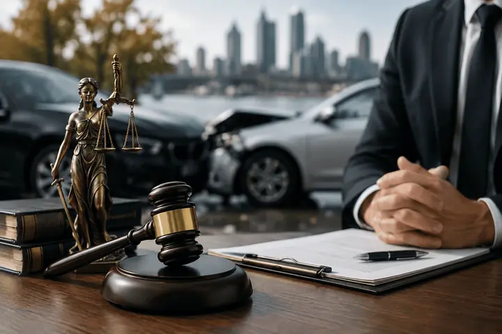 Justice statue and a gavel on a desk, damaged cars and a city skyline across the river behind