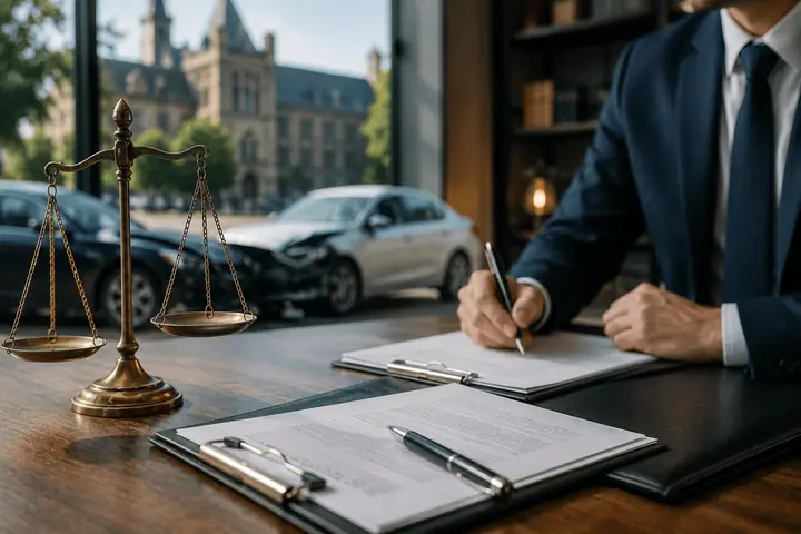 Lawyer writing on a clipboard beside scales of justice, a damaged car outside the window