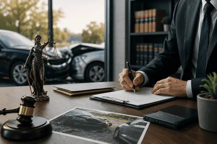 Lawyer signing papers next to a photo of the crash, a justice statue and damaged cars outside