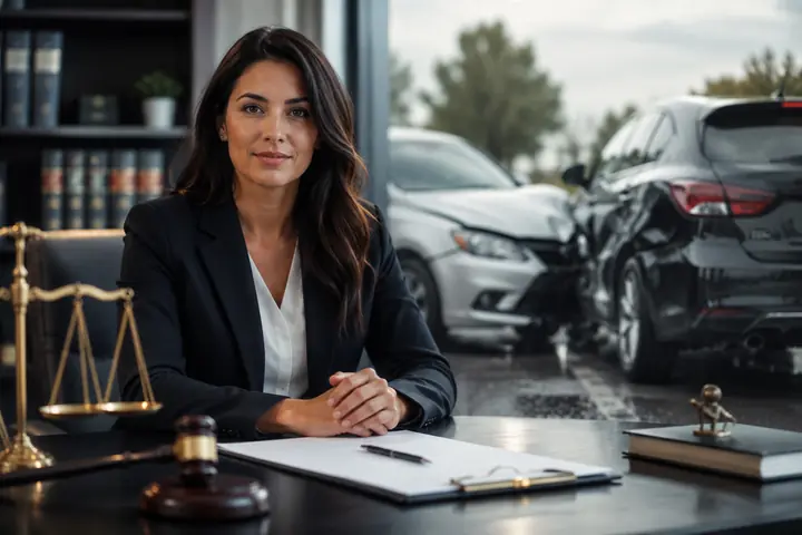 Lawyer in a dark suit at a desk with scales and a gavel, two damaged cars visible through the window