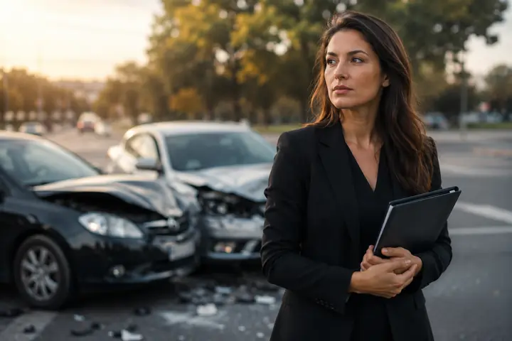 Woman in a business suit holding a folder beside two cars damaged in a collision on a city street