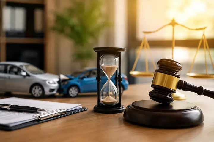 Hourglass, gavel and papers on a desk with two toy cars that have collided