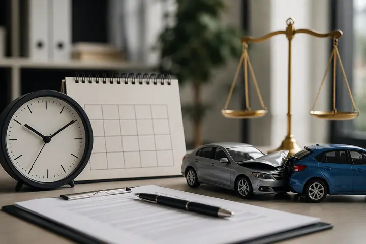 Clock, calendar and scales on a desk with collided toy cars and a form