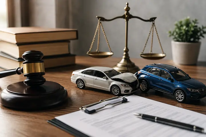 Gavel, scales and a claim form on a desk with two collided toy cars