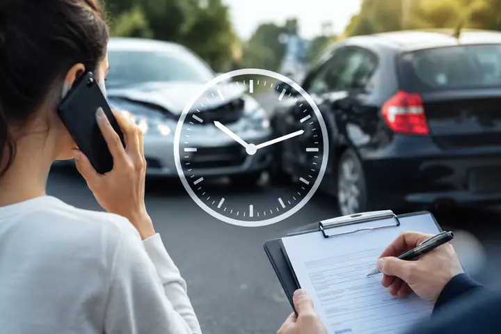 Woman phoning to report a crash while someone fills in a form, a clock icon over the damaged cars