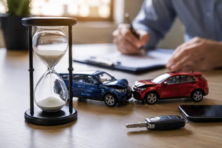 Hourglass beside two toy cars that have collided while someone fills in a form at a desk