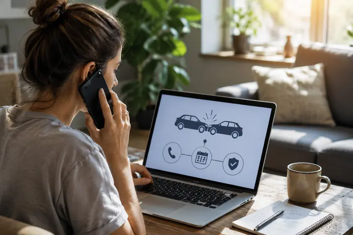 Woman on the phone reporting a collision online on her laptop at home