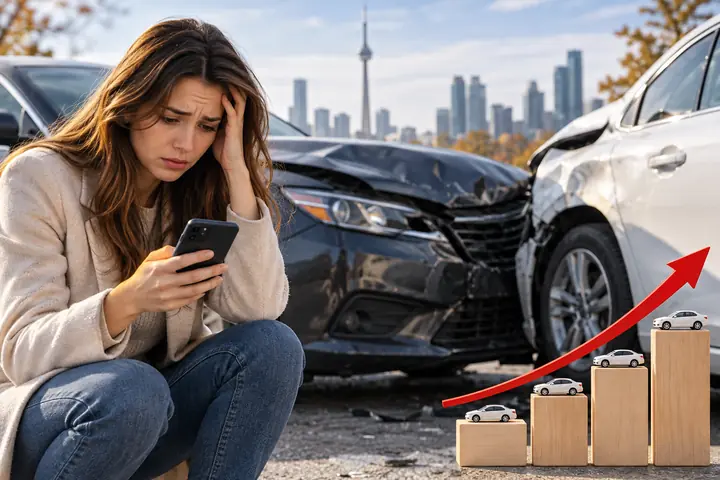 Upset woman checking her phone beside crashed cars, a rising arrow over wooden blocks