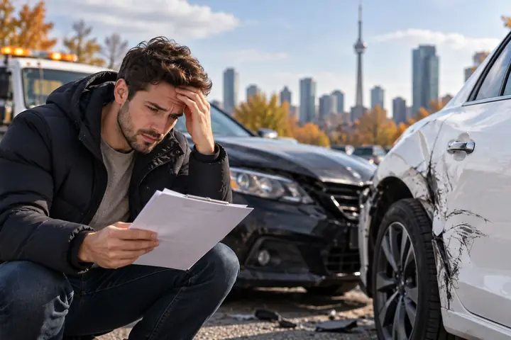 Man reading a letter with his hand on his forehead beside damaged cars, the CN Tower behind