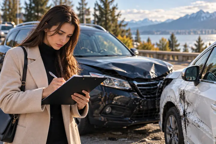 Woman filling in a form on a clipboard beside two damaged cars
