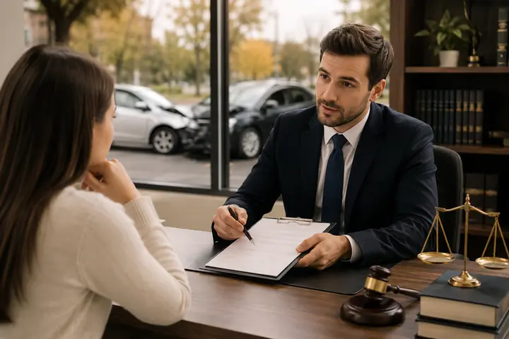 Lawyer writing notes during a consultation with a woman, damaged cars outside the window