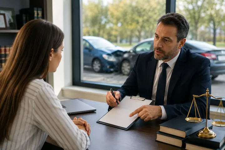 Lawyer pointing to a document while advising a woman at a desk with scales and law books