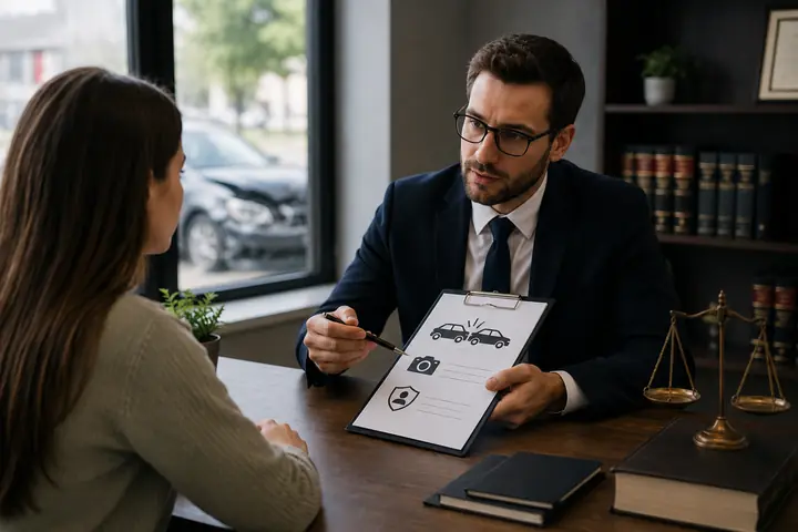 Lawyer in glasses showing a client a checklist with car and camera icons across a desk