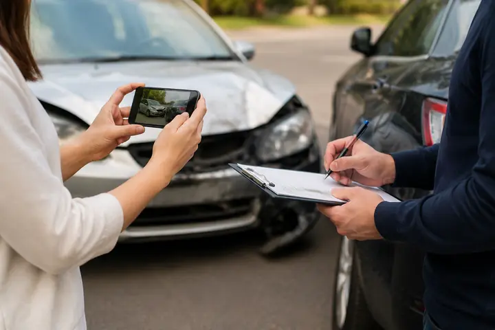 Woman photographing a damaged car on her phone while another person fills in a form