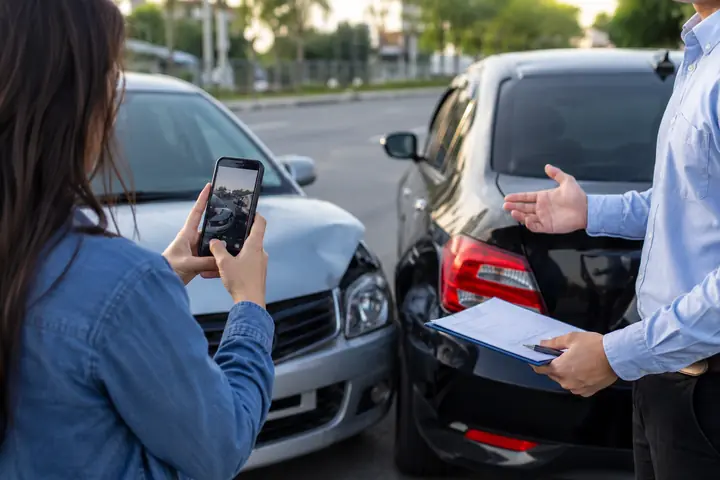 Driver photographing the damage on her phone while the other driver holds papers