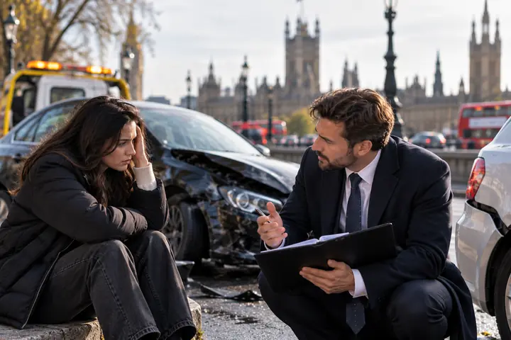 Lawyer crouching beside an upset woman next to a crashed car, a tow truck and Gothic towers behind