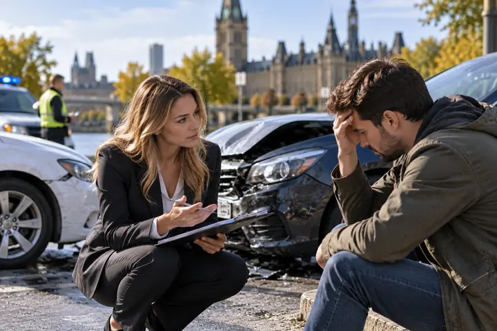 Lawyer kneeling to talk with a driver holding his head beside a damaged car as police wait nearby