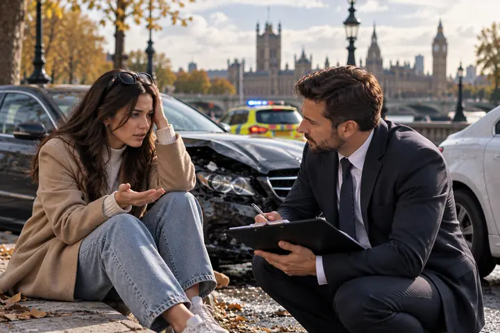Lawyer taking notes as a woman sitting by a crashed car explains what happened