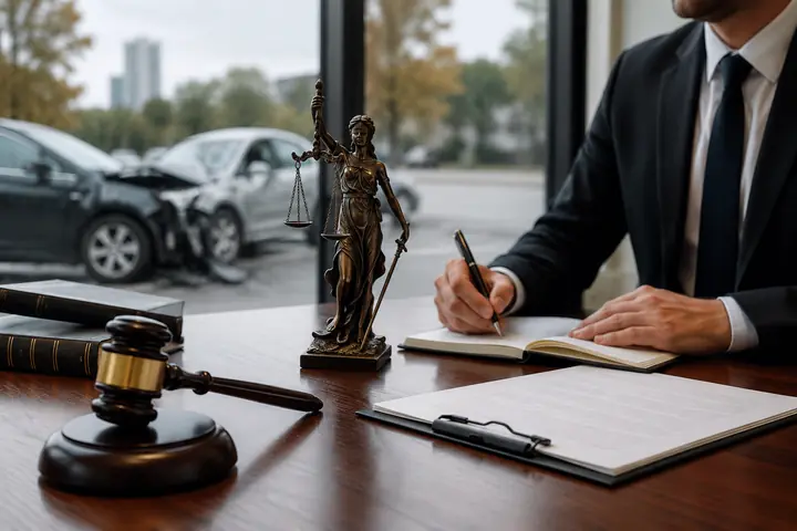 Lawyer writing at a desk with a gavel and a justice statue, crashed cars outside the window